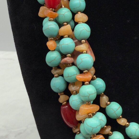 Vtg Multi Strand Beaded Turquoise Red Stone Choker Necklace Sterling Clasp - Picture 3 of 9